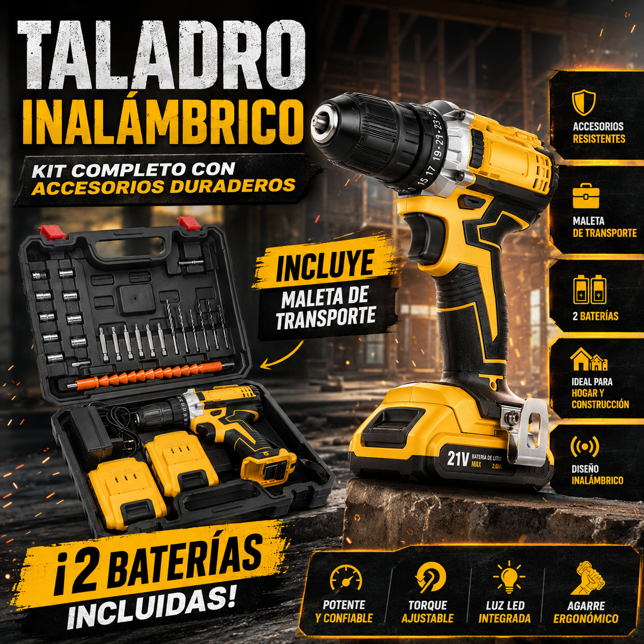 🛠️ Taladro Inalambrico 2 Baterias,  Con Accesorios.
